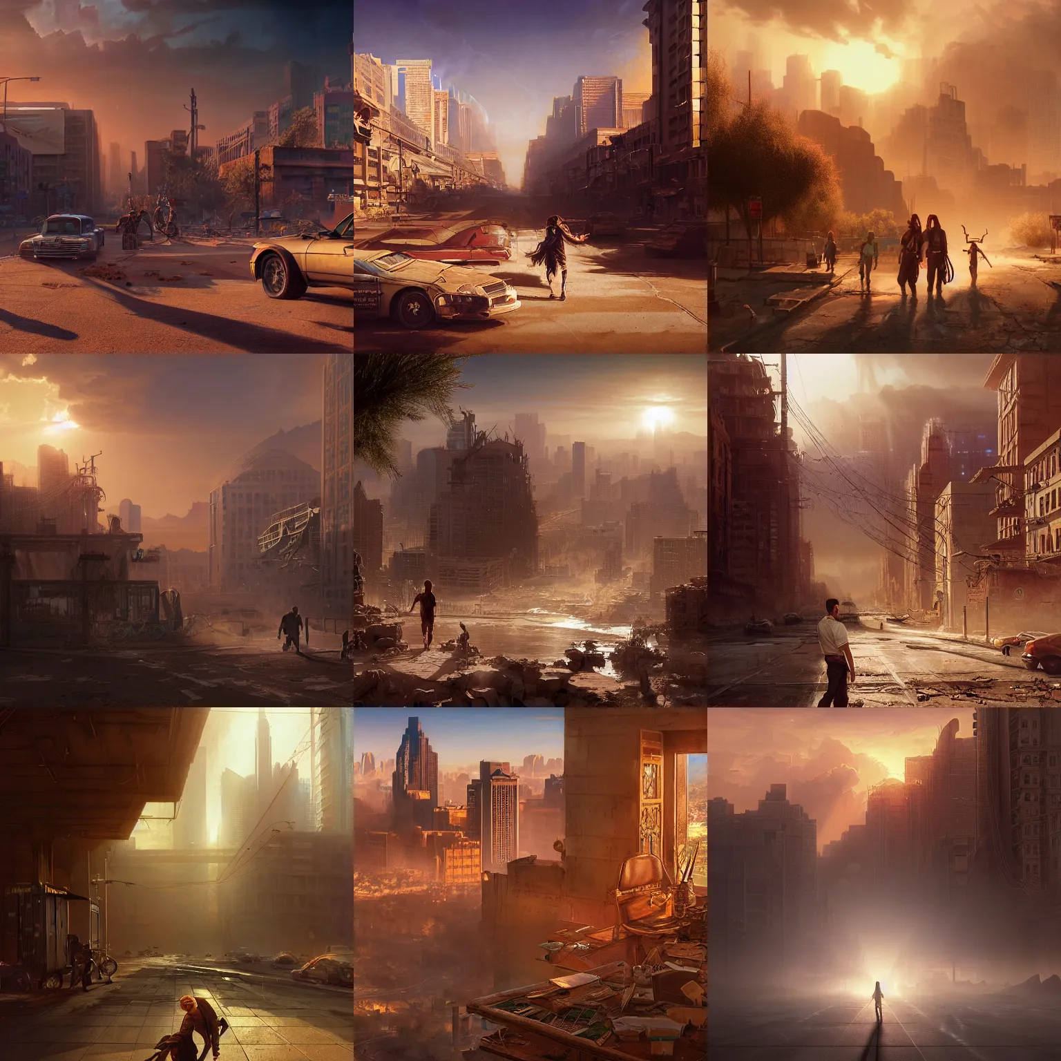 Prompt: phoenix arizona after apocalypse, city, sunrays, dust in the air, tumbleweed, dnd character, unreal engine, octane render, dramatic lighting, digital art, by stanley artgerm lau, greg rutkowski, thomas kindkade, alphonse mucha, loish, norman rockwell