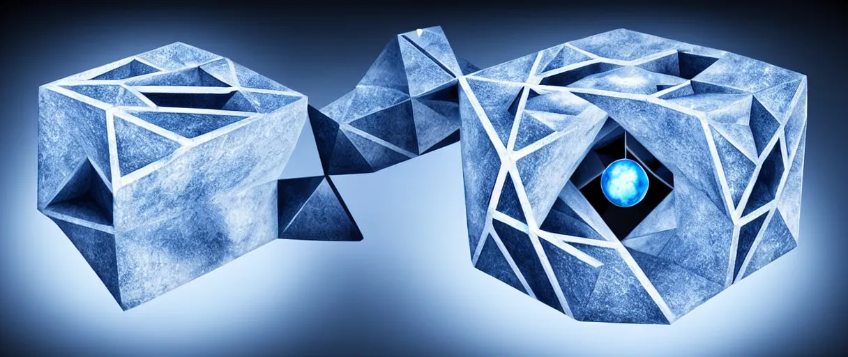 Image similar to hyperrealistic highly detailed Kepler's Platonic solid model impossible object in motion escher dali dramatic blue lighting wide angle hd 8k sharp shallow depth of field