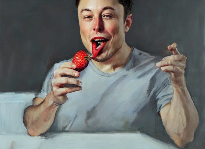 Prompt: a highly detailed beautiful portrait of elon musk eating strawberry by gregory manchess, james gurney, james jean