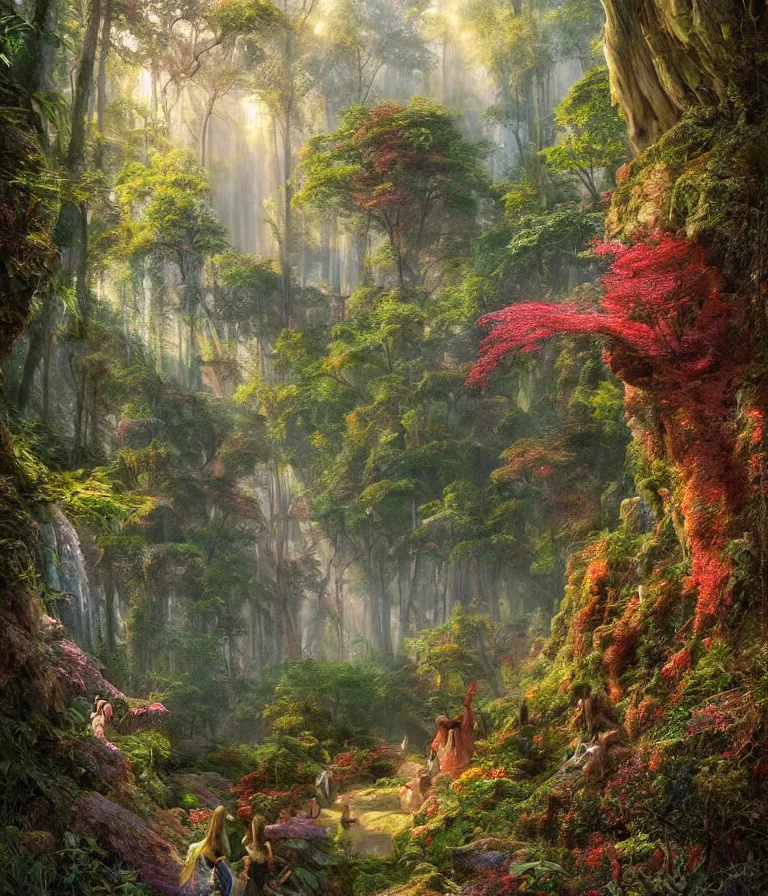 Image similar to a beautiful hyperrealistic detailed painting of a thin climbing path climbing through an enchanted fantasy forest, by federic edwin church, by alex heywood, by hayao miyazaki, epic scale, 3 d, brilliantly coloured, intricate, ultra wide angle, trending on artstation, golden ratio, morning, volumetric lighting, polished, micro details