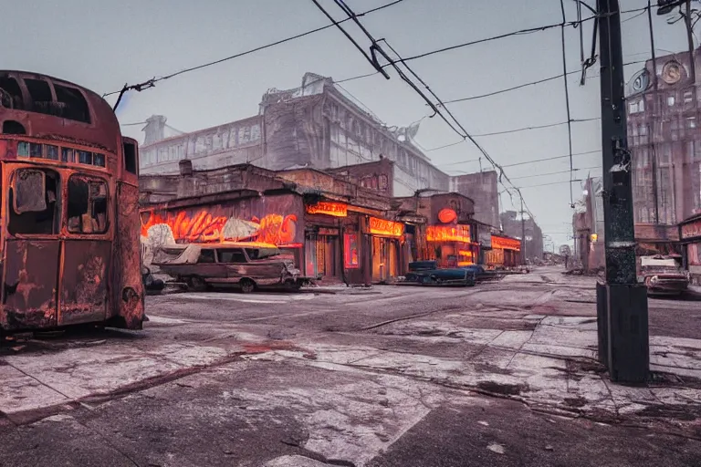 Image similar to low wide angle shot of dilapidated fallout 5, desolate rugged street, dilapidated neon signs, few rusted retro futuristic vintage parked vehicles like cars, ( ( ( buses, trucks, trams ) ) ), volumetric lighting, photorealistic, foggy, early evening, winter, sharp focus, ultra detailed, 4 0 0 0 k