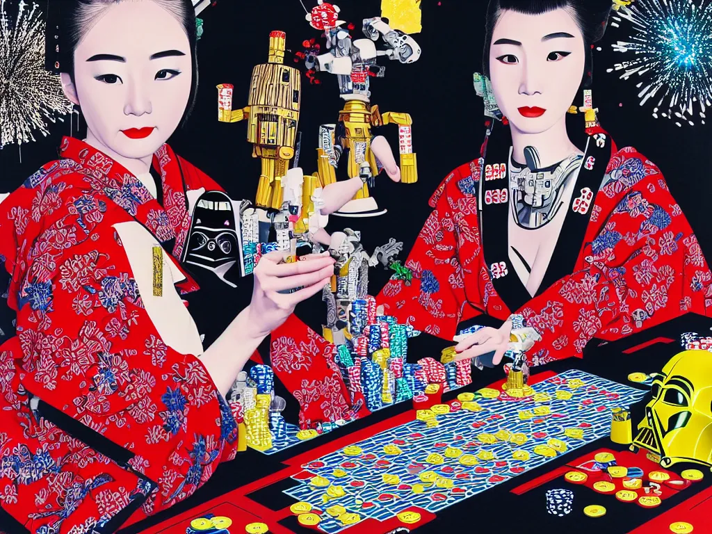 Image similar to hyperrealistic composition of the detailed woman in a japanese kimono with a ( ( c 3 p 0 ) robot head sitting at a extremely detailed poker table with darth vader, fireworks, mountain fuji on the background, pop - art style, jacky tsai style, andy warhol style, acrylic on canvas