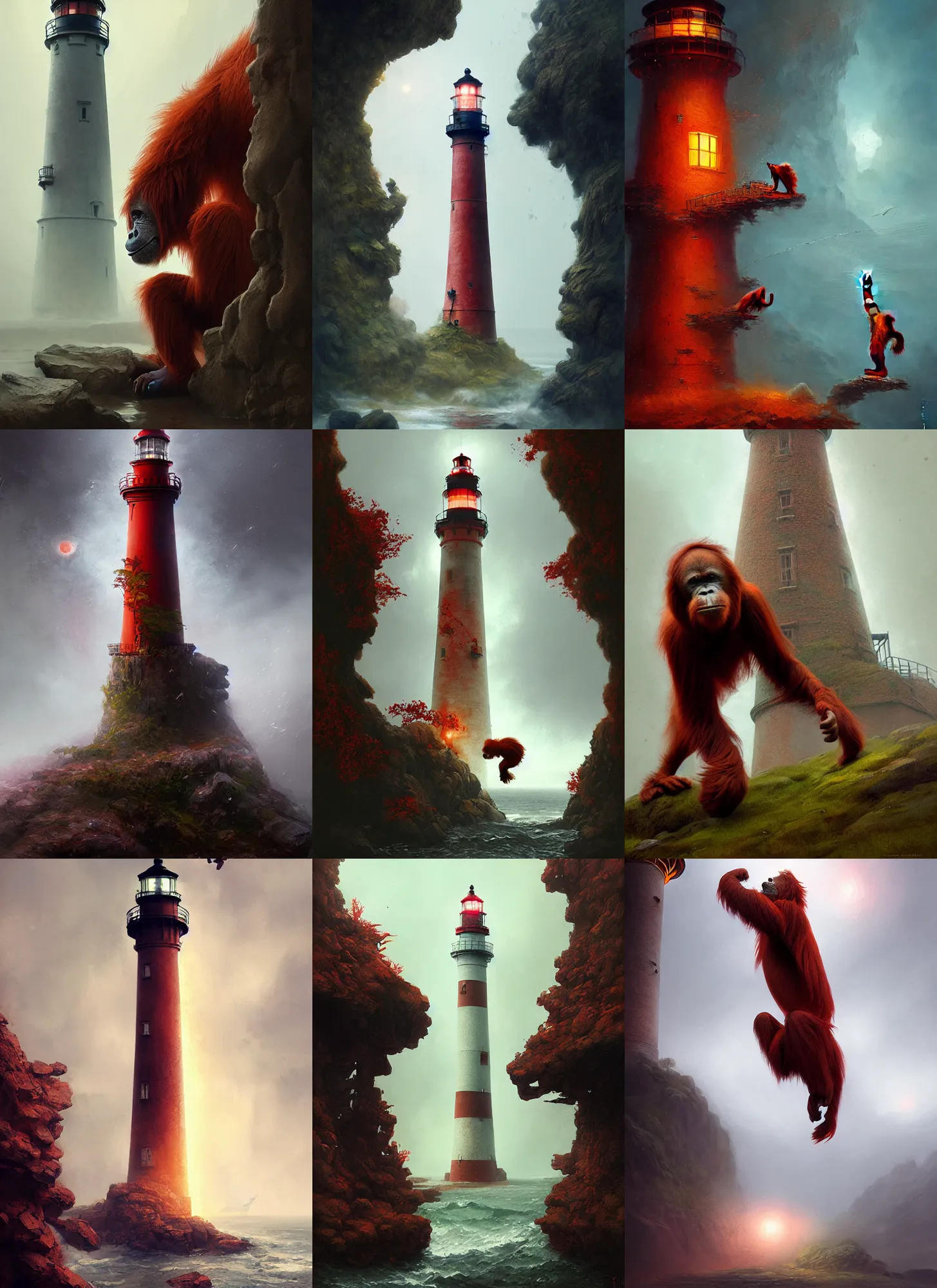 Prompt: red orangutan climbing on the lighthouse as tree, fantasy, digital painting, volumetric light, intricate, sharp, focus, bloom, illustration, highly detailed, concept art, matte, ruan jia, randy vargas, greg rutkowski