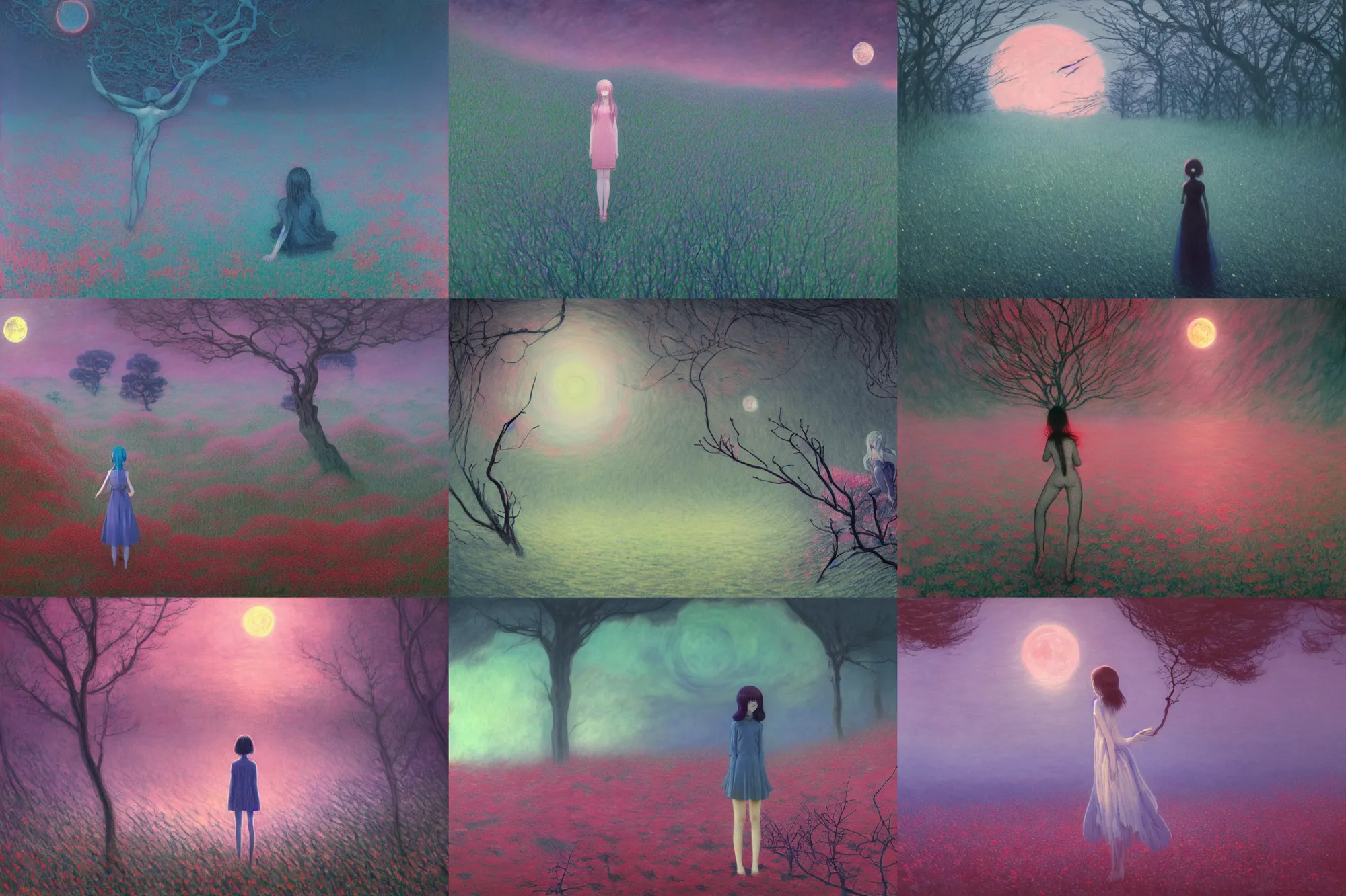 Prompt: gloomy eerie retro anime girl in a blue landscape at night, overgrown with trees and thorns. the sea is pink. bright moon in the sky, glowing moonlight in the darkness, strange ethereal being, sad eyes, Zdislaw Beksinski, Yoshitaka Amano, beautiful painting by claude monet, highly detailed textured 8k