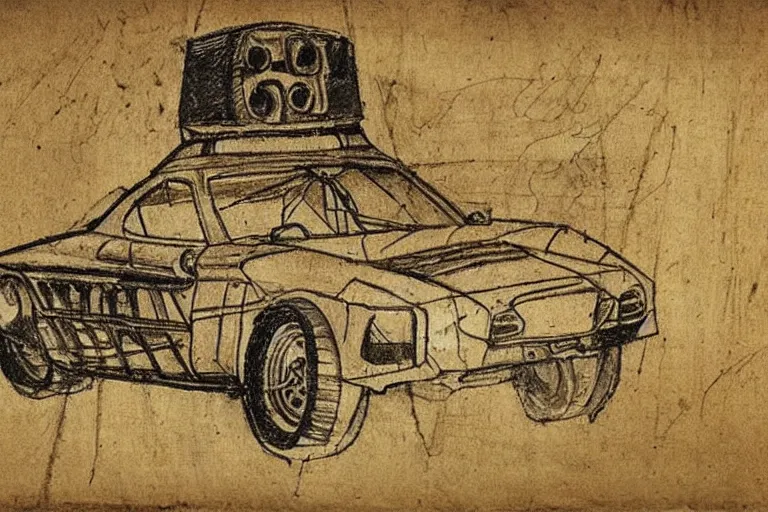 Image similar to ancient sketch on parchment by leonardo da vinci of a lancia 0 3 7