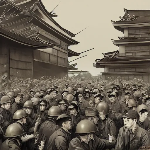 Image similar to painting of ww2 Japanese inantry! , desaturated, old school, detailed background, cell shaded, illustration, Trending on artstation