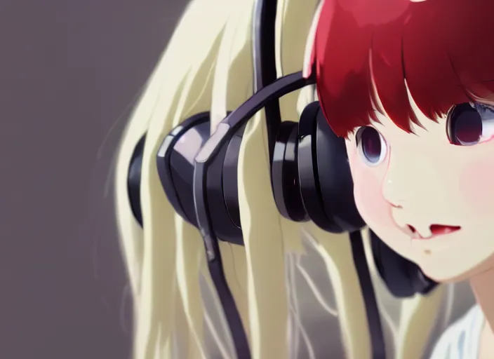 Image similar to a film still portrait of a white long hair red eyed young cute girl wearing a headset in a room interior, closeup, perfect art, gapmoe, trending on pixiv fanbox, painted by makoto shinkai takashi takeuchi studio gibli yoh yoshinari, kuvshinov ilya, 4 k