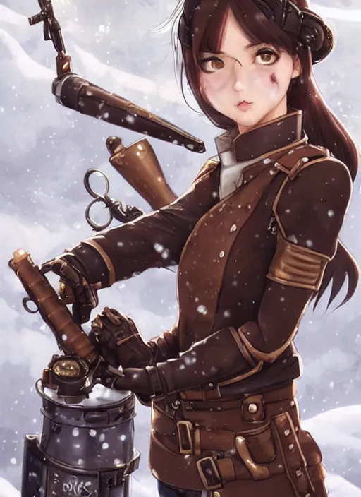 Image similar to girl with steampunk weapons and uniform, serious, intense, finely detailed, made by artgerm, ross tran, full body portrait, illustration, snow, snowing, cloudy, anime, side view, perfect anime face, realistic face, zoomed out, smooth, brown eyes, high waisted shorts, sharp focus