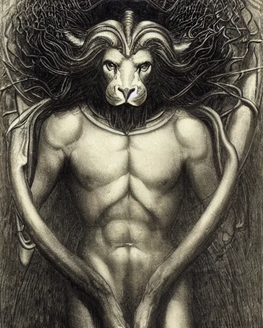 Image similar to a creature with the body and eyes of a man, with the beak of an eagle, the mane of a lion, and the horns of an ox. drawn by jean delville