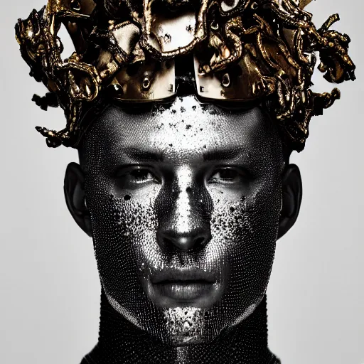 Prompt: a portrait of a beautiful young male wearing an alexander mcqueen armor made of meteorites , photographed by andrew thomas huang, artistic