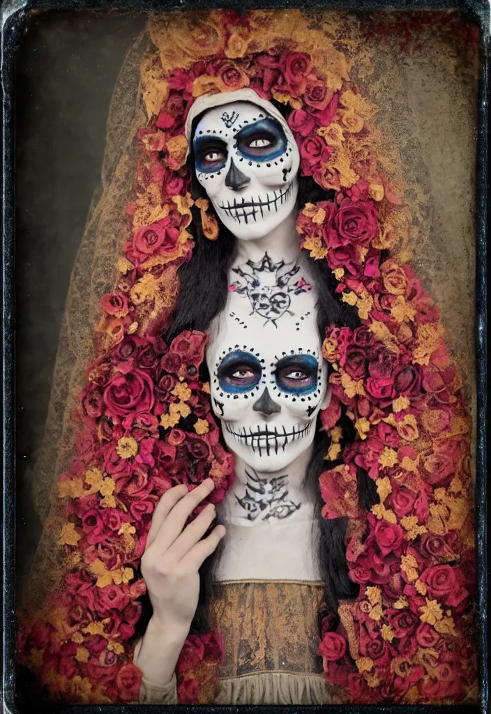 Prompt: tintype full body view, one womanvirgin mary, dia de muertos dress and make up, intricate, highly detailed,