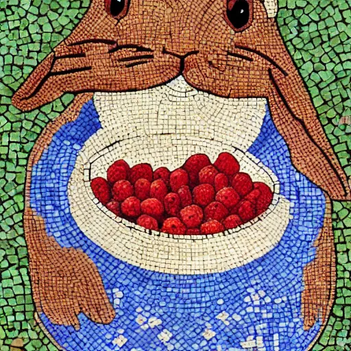 Prompt: a rabbit eating raspberries in the style of ancient mosaic