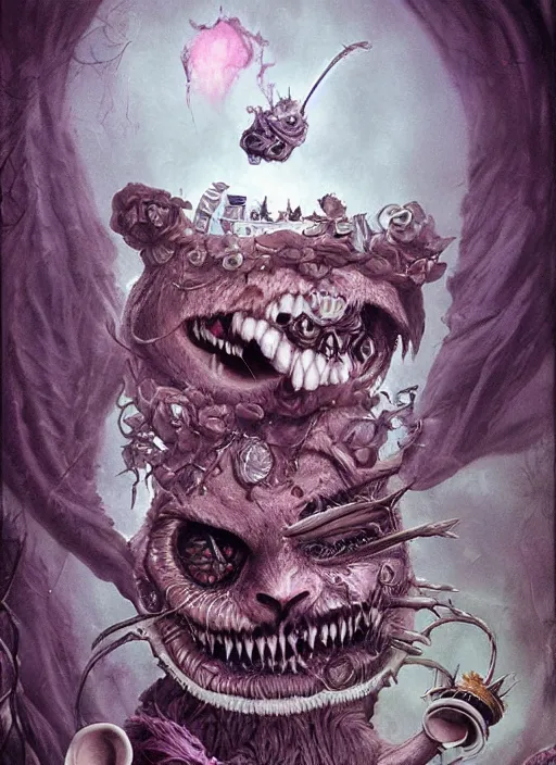 Image similar to Cheshire Cat on a tea party,Death Tarot card,highly detailed,half skull face,cinematic,8k,by Stanley Artgermm,Tom Bagshaw,Greg Rutkowski,Carne Griffiths, Ayami Kojima, Beksinski, Giger,trending on DeviantArt,hyper detailed,horror, full of colour