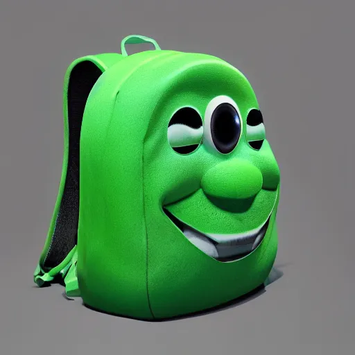 Image similar to A hyperrealistic green backpack with a face smiling, studio lighting, photoshoot, 8k, trending on artstation