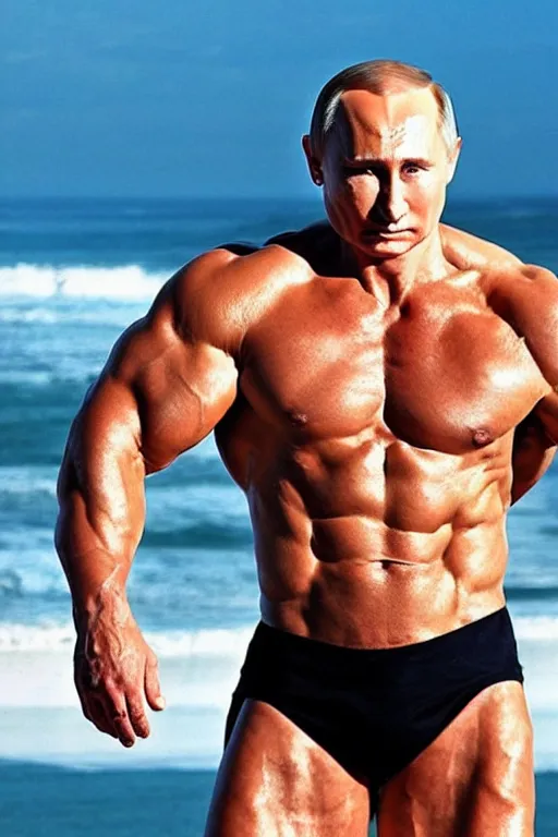 Image similar to Putin on a beach with muscles, full character, hyper realistic, highly detailed