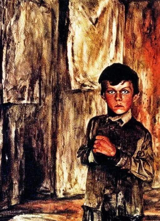 Prompt: detailed painting of a boy in a hall by otto dix, rich deep colors. masterpiece. still from a movie by Terrence Malick and Tarkovsky