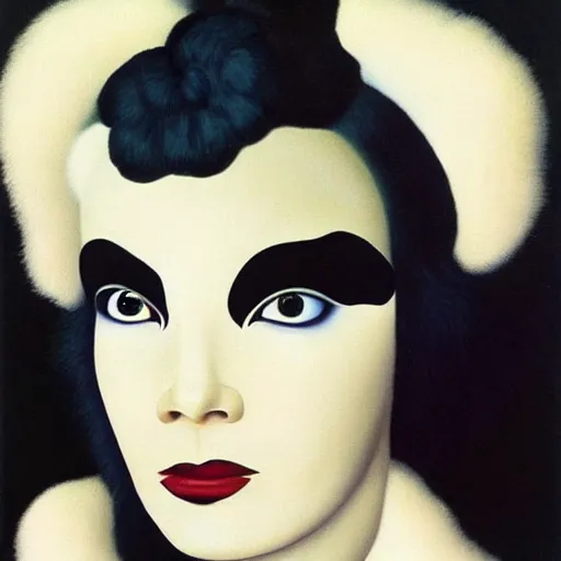 Image similar to very detailed portrait of bjork wearing dramatic makeup. painted by rene magritte, 1 9 2 7. oil on canvas.