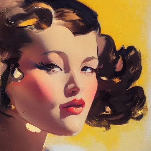 Image similar to greg manchess portrait painting of beauty 1 9 4 0's pinup as overwatch's characters, medium shot, asymmetrical, profile picture, organic painting, sunny day, matte painting, bold shapes, hard edges, street art, trending on artstation, by huang guangjian and gil elvgren and sachin teng