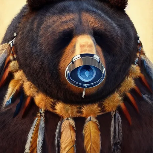 Image similar to painting portrait of a native american wearing a face mask that looks like a bear, artstation, ultra detailed