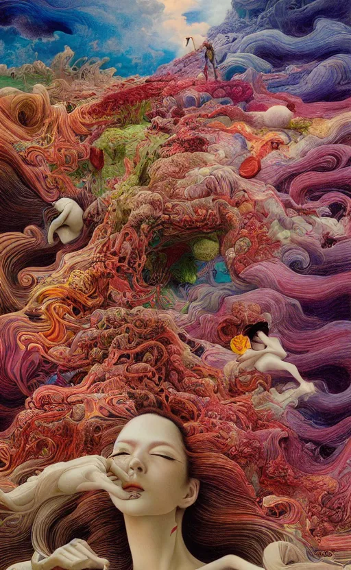 Image similar to ultrawide angle colour masterpiece surreal closeup portrait photography of surrealism by miho hirano and annie leibovitz and michael cheval, weird surreal epic psychedelic complex biomorphic 3 d fractal landscape in background by kilian eng and roger dean and salvador dali and beksinski, 8 k