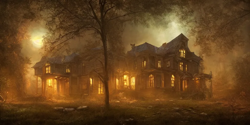 Image similar to hyper realist matte digital painting of a haunted house in the forest at night, fantasy art, photo realistic, dynamic lighting, artstation, volumetric lighting