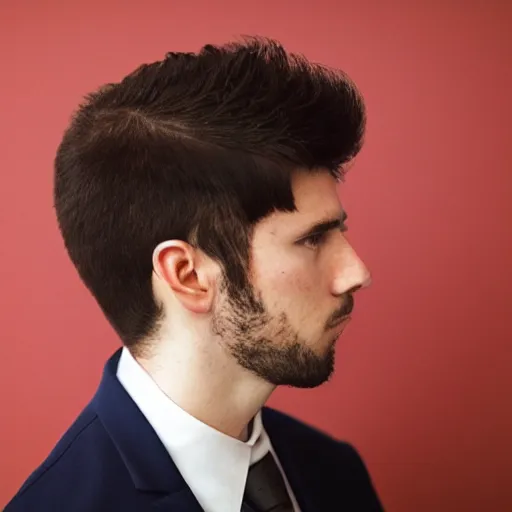 Image similar to photo of a sad ball of hair wearing a suit