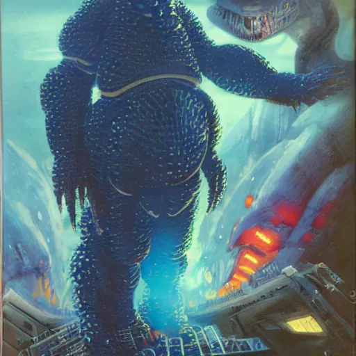 Image similar to a large anthropomorphic godzilla shaped mecha by paul lehr and moebius