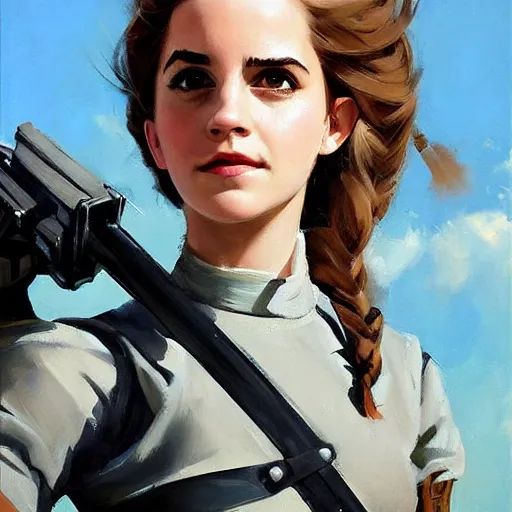 Prompt: greg manchess portrait painting of partially armored emma watson aka hermine granger as overwatch character, medium shot, asymmetrical, profile picture, organic painting, sunny day, matte painting, bold shapes, hard edges, street art, trending on artstation, by huang guangjian and gil elvgren and sachin teng