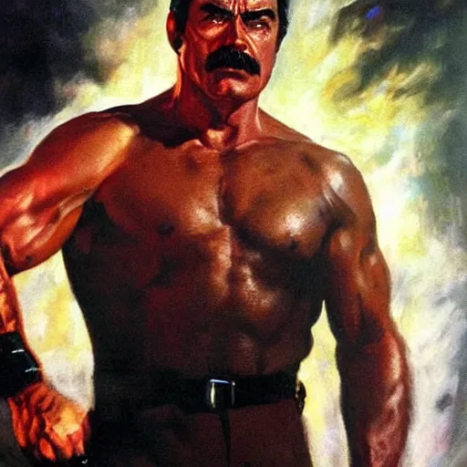 Prompt: ultra realistic portrait painting of tom selleck as the terminator, art by frank frazetta, 4 k, ultra realistic, highly detailed, epic lighting