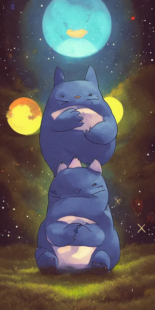 Image similar to giant glowing snorlax totoro, mountain landscape, night sky, digital art, digital painting, celestial, majestic, colorful