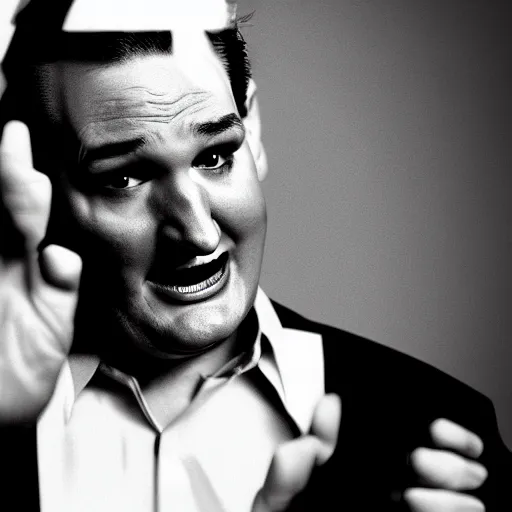 Prompt: Ted Cruz jumpscare, black and white, creepy lighting, scary, horror, ornate, eerie, fear, videogame screenshot