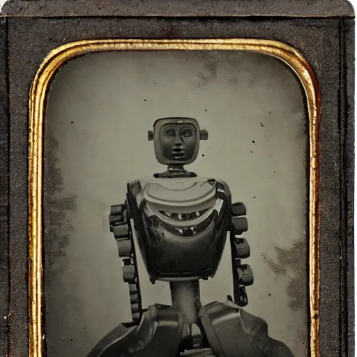 Image similar to humanoid robot, advanced humanoid robots, sleek robot, in log cabin living room, tintype photograph, daguerrotype, 1 8 7 0 s photograph