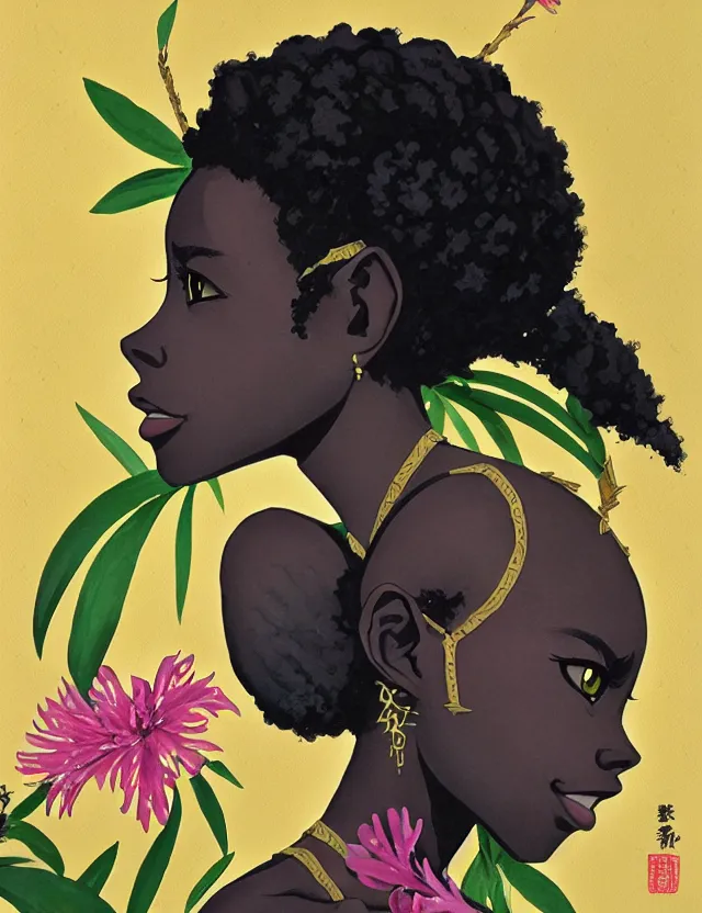 Image similar to black - skinned princess of the azalea mountains. this gouache painting by the award - winning mangaka has an interesting color scheme, plenty of details and impeccable lighting.