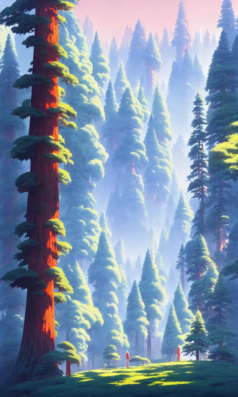 Image similar to Sequoia forest in a colorful moutain with beautiful trees , no people, morning, by studio ghibli painting, superior quality, masterpiece, traditional Japanese colors, by Grzegorz Rutkowski, concept art