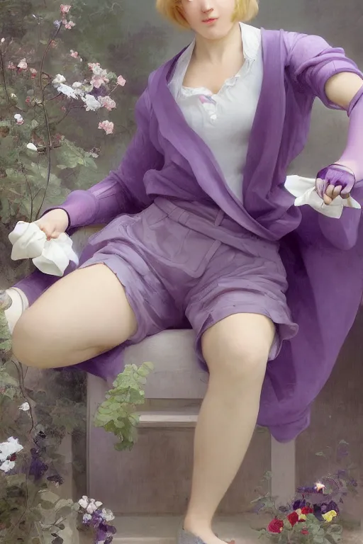 Image similar to Full View girl with short blond hair wearing an oversized purple Beret, Baggy Purple overall shorts, Short Puffy pants made of silk, silk shoes, a big billowy scarf, Golden Ribbon, and white leggings Covered in stars. Short Hair. masterpiece 4k digital illustration by Ruan Jia and Mandy Jurgens and Artgerm and william-adolphe bouguereau, award winning, Artstation, art nouveau aesthetic, Alphonse Mucha background, intricate details, realistic, panoramic view, Hyperdetailed, 8k resolution, intricate art nouveau