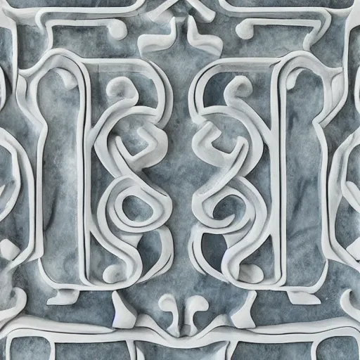 Prompt: serpentine maze, fine details, carved soapstone relief paneling white and pale blue