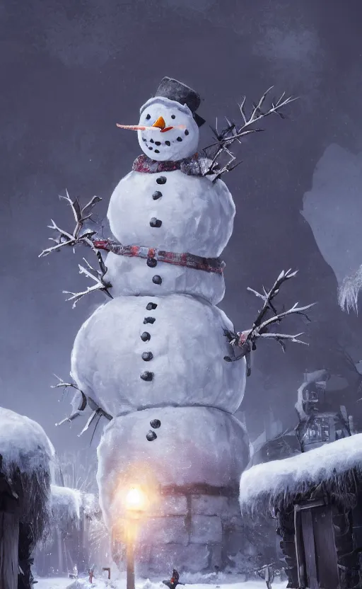 Image similar to a a full body portrait of giant jack frost the snowman in the middle of a village in the snow, dynamic lighting, photorealistic fantasy concept art, trending on art station, stunning visuals, creative, cinematic, ultra detailed