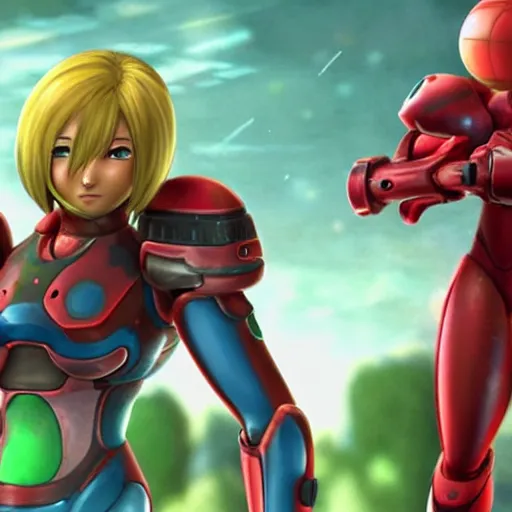 Image similar to Samus Aran taking her pet metroid out for a walk