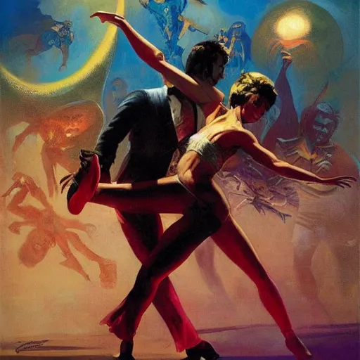 Image similar to latin dance band saturated colors, cinematic, vallejo, frazetta, greg rutkowski, rowena morrill, juan gimenez