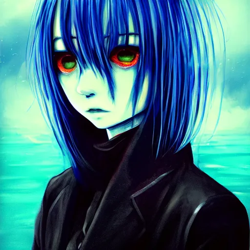 Image similar to high contrast photo of rimuru tempest, sky blue straight hair, bangs, with amber eyes, wearing a black jacket, high collar, ultra detailed, brush strokes, skin texture, digital painting, cinematic, wlop, pixiv, eerie, scary, intimidating glare, evil, junji ito, yoshitaka amano