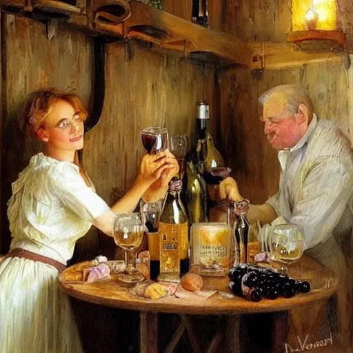 Image similar to hot blonde working in a wine cellar, food, pork, beer, schnapps, rustic, traditional, torches on the wall, painting by vladimir volegov and carl larsson