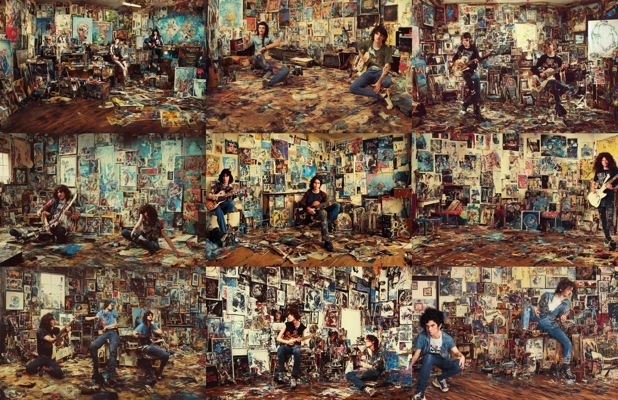 Prompt: a pretty punk rock young man with messy very long curly dark brown hair and a band tee painting in a vintage 80s artist studio interior, old wood floors, musical instruments and band posters, messy maximalist interior, warm, painting by Craig Mullins, octane rendering, soft morning lighting, wide angle lens, low view, in the style of Hayao Miyazaki, trending on artstation,