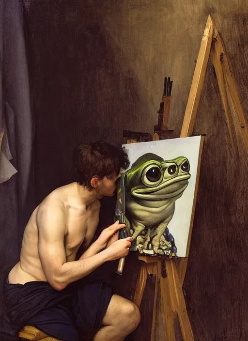 Image similar to a young painter in his studio painting a picture of pepe the frog, by edgar maxence and caravaggio and michael whelan and delacroix style, artistic, intricate drawing, cinematic lighting, hyper realistic, extremely detailed, establishing shot, 8 k resolution, dramatic lighting