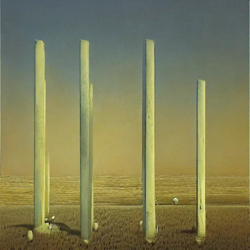 Prompt: tall boxes lined up across the horizon next to each other, zdzislaw beksinski