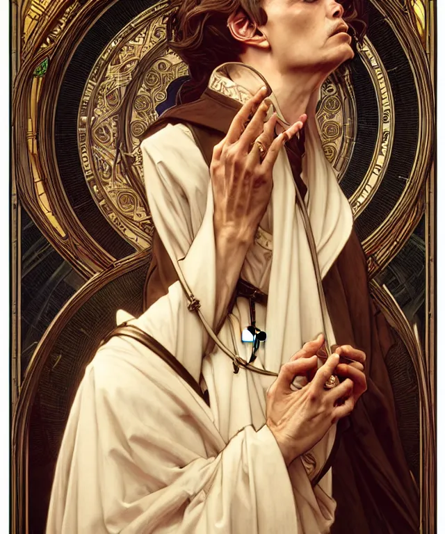 Prompt: a greedy preacher, an evil Catholic priest, portrait, intricate, elegant, highly detailed, 20mm film, art by artgerm and greg rutkowski and alphonse mucha