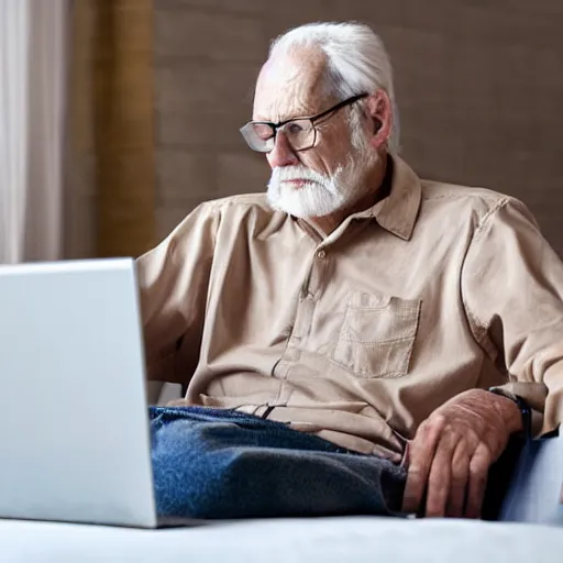 Image similar to elderly man sitting inside a casket browsing internet on laptop from a casket casket