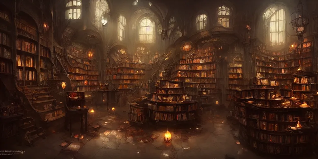 Prompt: ! dream dark book shop interior by bastien lecouffe - deharme and charles bowater, greg rutkowski, adventure game, inspired by diablo concept art