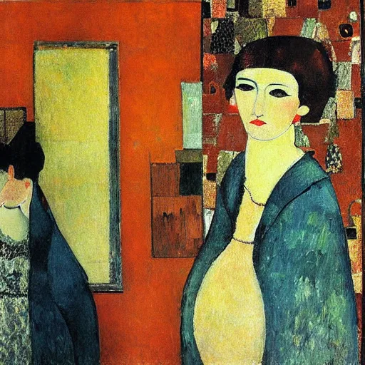 Image similar to birds, modigliani, intricate detail, klimt, whistler,