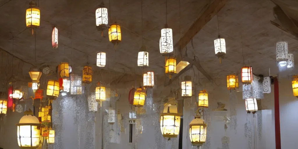 Prompt: japanese mosque, there are a few lanterns