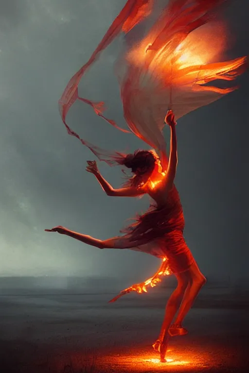 Prompt: fire dancer in the wind by artgem and greg rutkowski, light cone, reimagined by industrial light and magic